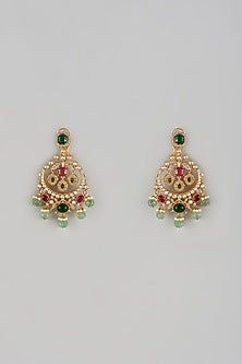 Gold Finish Multi-Colored Stone & Kundan Polki Chandbali Earrings