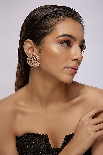 Gold Finish Pink Uncut Stone & Moti Stud Earrings