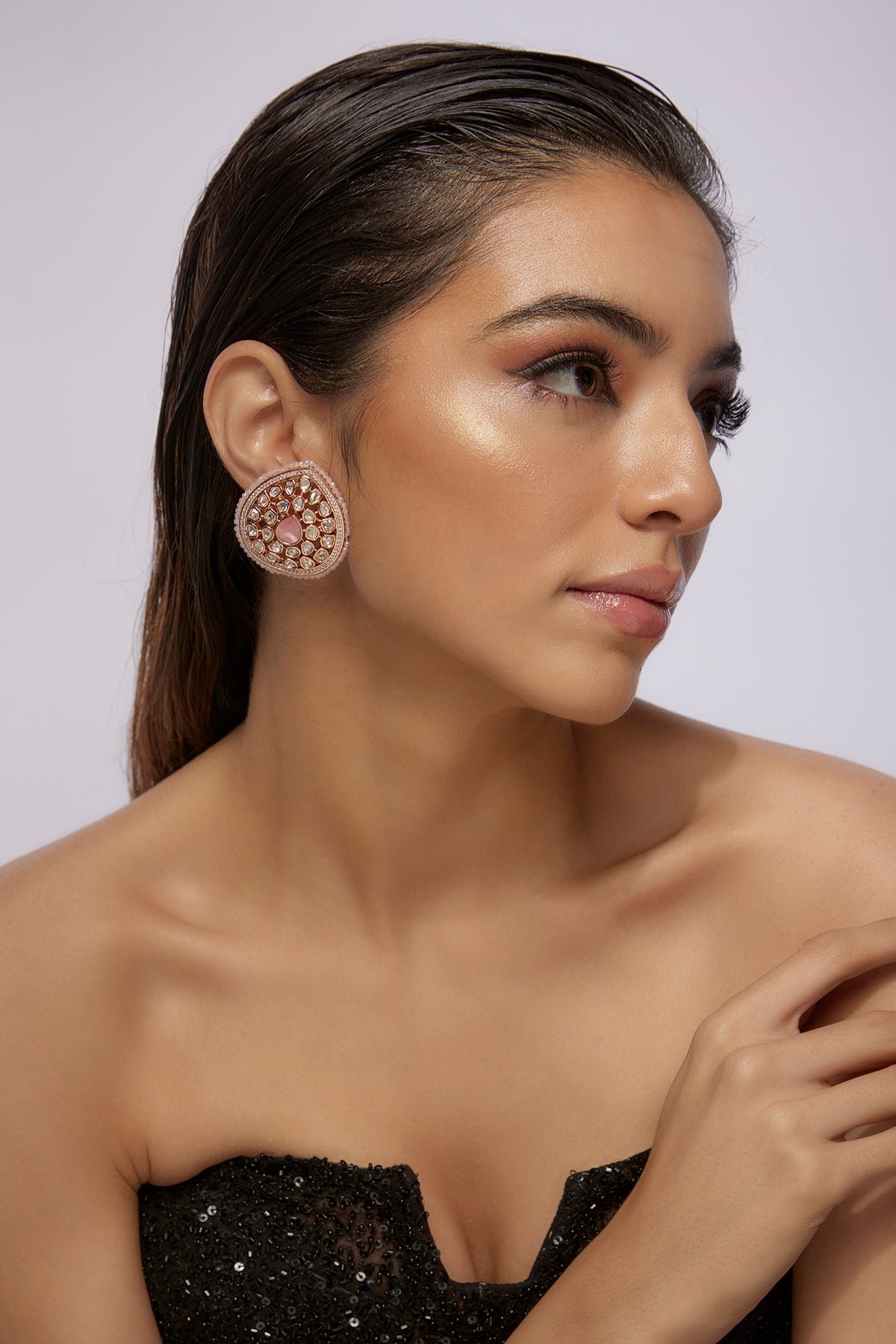 Gold Finish Pink Uncut Stone & Moti Stud Earrings