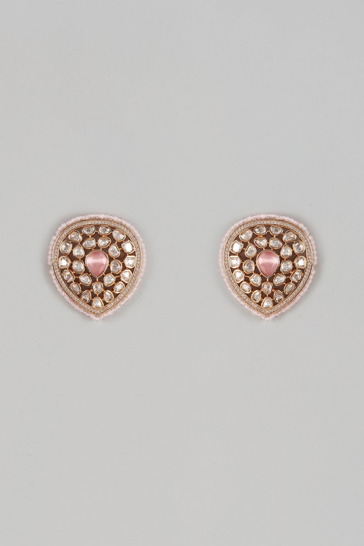 Gold Finish Pink Uncut Stone & Moti Stud Earrings