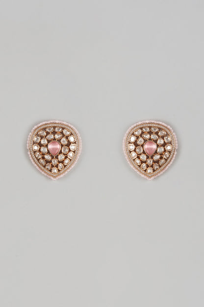 Gold Finish Pink Uncut Stone & Moti Stud Earrings