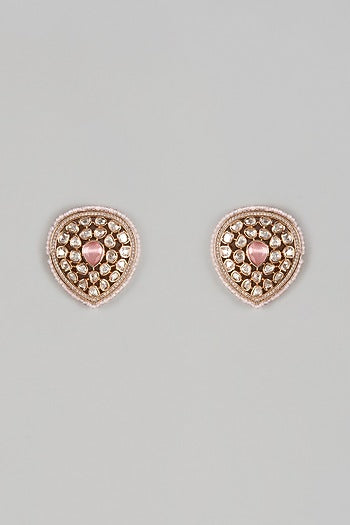 Gold Finish Pink Uncut Stone & Moti Stud Earrings