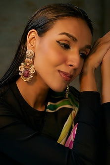Gold Finish Emerald & Ruby Dangler Earrings