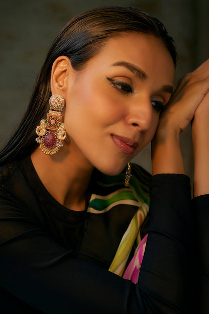 Gold Finish Emerald & Ruby Dangler Earrings