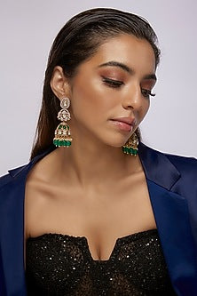 Black Rhodium Finish Synthetic Emerald Stone Dangler Earrings