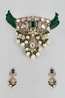 Black Rhodium Finish Emerald Beaded Choker Necklace Set