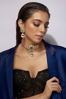 Gold Finish Synthetic Emerald Stone & Beaded Choker Necklace Set