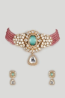 Gold Finish Synthetic Emerald Stone & Beaded Choker Necklace Set