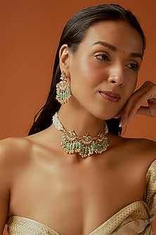 Gold Finish Moti & Kundan Polki Choker Necklace Set