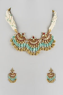 Gold Finish Moti & Kundan Polki Choker Necklace Set