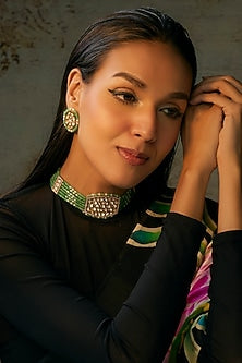 Gold Finish Uncut Stone & Beaded Choker Necklace Set