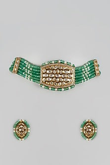 Gold Finish Uncut Stone & Beaded Choker Necklace Set