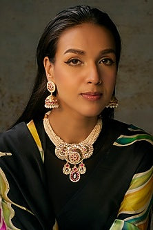 Gold Finish Moti & Ruby Stone Choker Necklace Set