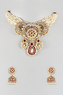 Gold Finish Moti & Ruby Stone Choker Necklace Set