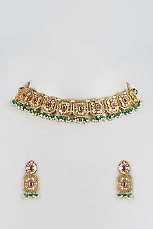 Gold Finish Kundan Polki & Uncut Stone Choker Necklace Set