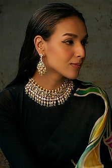 Gold Finish Moti & Uncut Emerald Stone Choker Necklace Set