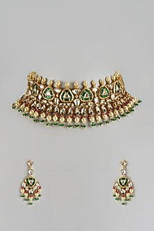 Gold Finish Moti & Uncut Emerald Stone Choker Necklace Set