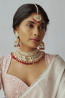Gold Finish Uncut Ruby Stone Choker Necklace Set