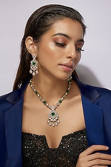 Black Rhodium Finish Synthetic Emerald Stone Necklace Set