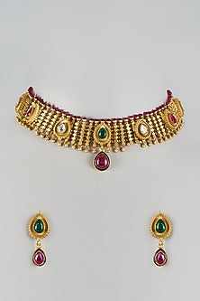 Gold Finish Kundan Polki & Synthetic Stone Choker Necklace Set