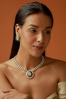 Gold Finish Uncut & Emerald Stone Long Necklace Set