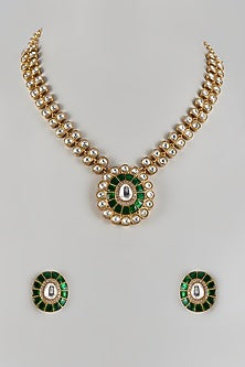 Gold Finish Uncut & Emerald Stone Long Necklace Set