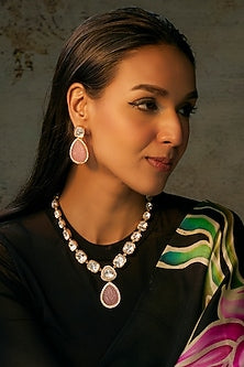 Gold Finish Uncut & Pink Stone Long Necklace Set