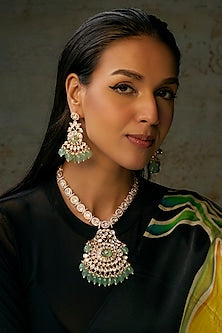 Gold Finish Uncut Stone Long Necklace Set