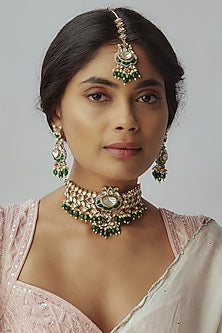 Gold Finish Emerald Stone & Kundan Polki Choker Necklace Set