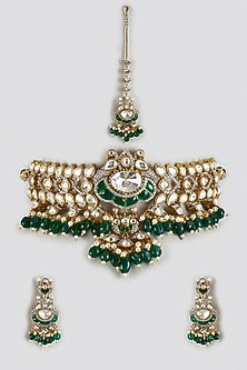 Gold Finish Emerald Stone & Kundan Polki Choker Necklace Set