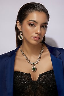 Black Rhodium Finish Synthetic Emerald Stone Necklace Set