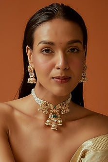 Gold Finish Kundan Polki Temple Choker Necklace Set