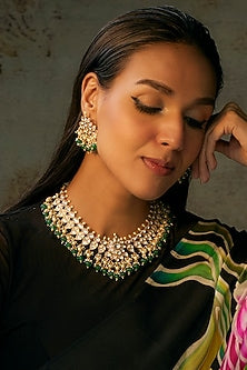 Gold Finish Kundan Polki & Emerald Droplet Choker Necklace Set