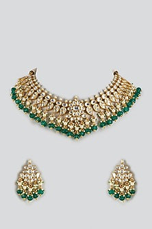 Gold Finish Kundan Polki & Emerald Droplet Choker Necklace Set