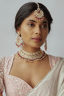 Gold Finish Maroon Droplet & Kundan Polki Choker Necklace Set
