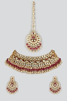 Gold Finish Maroon Droplet & Kundan Polki Choker Necklace Set