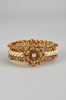 Gold Finish Ruby & Green Synthetic Stone Enameled Bracelet