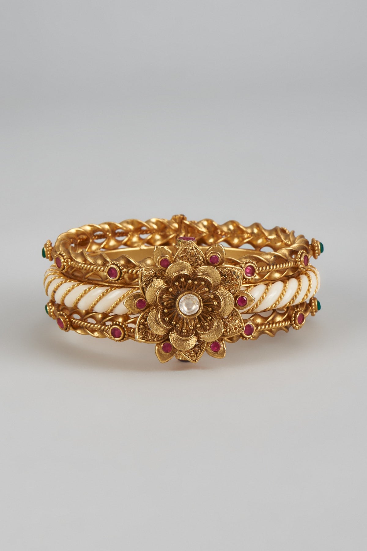 Gold Finish Ruby & Green Synthetic Stone Enameled Bracelet