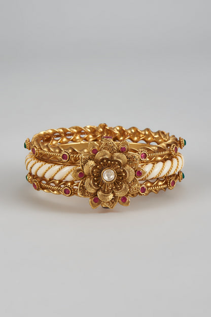 Gold Finish Ruby & Green Synthetic Stone Enameled Bracelet