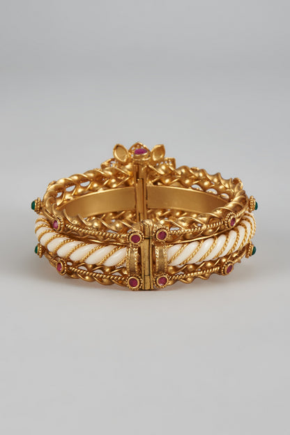 Gold Finish Ruby & Green Synthetic Stone Enameled Bracelet
