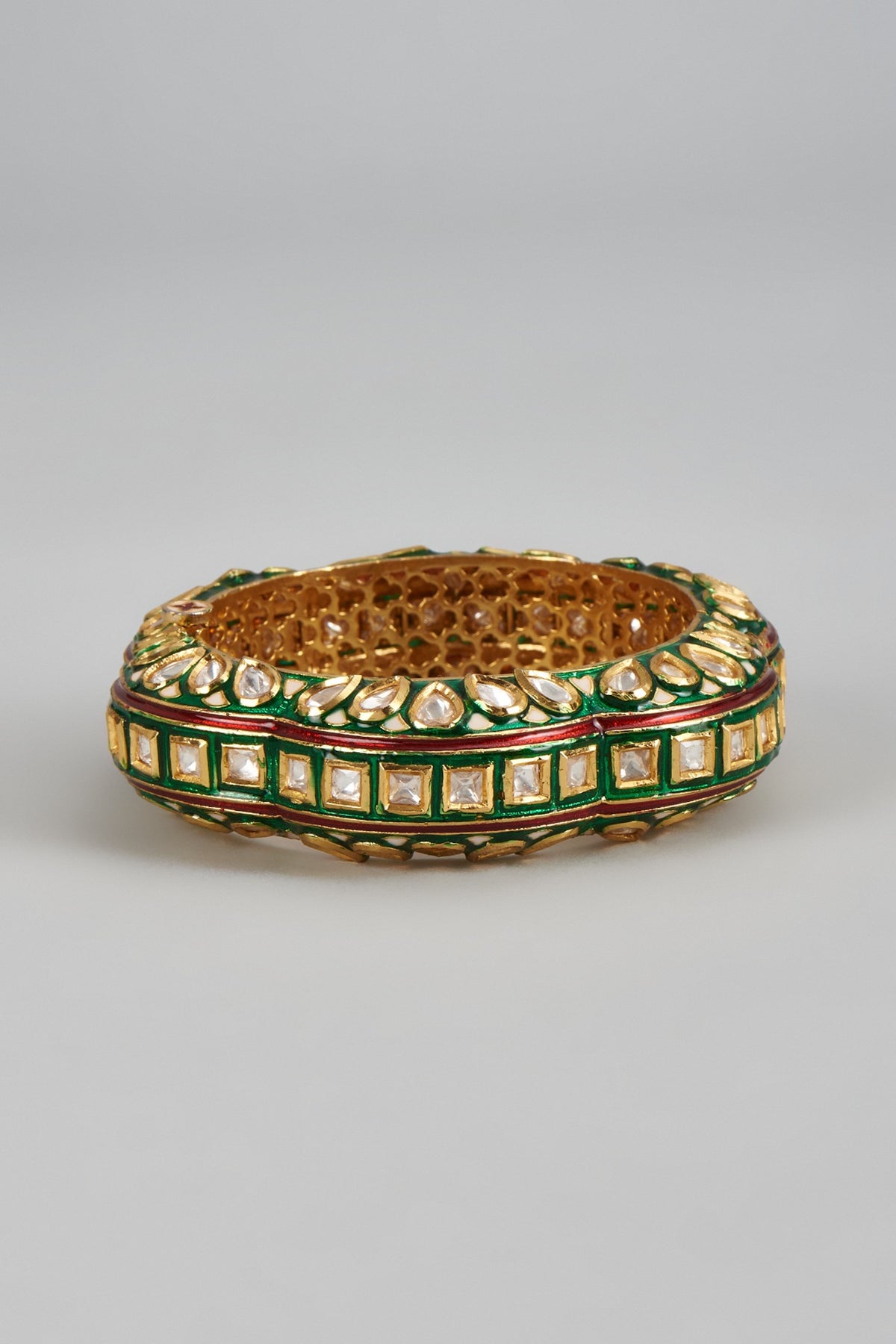 Gold Finish Green Uncut Stone Meenakari Bracelet