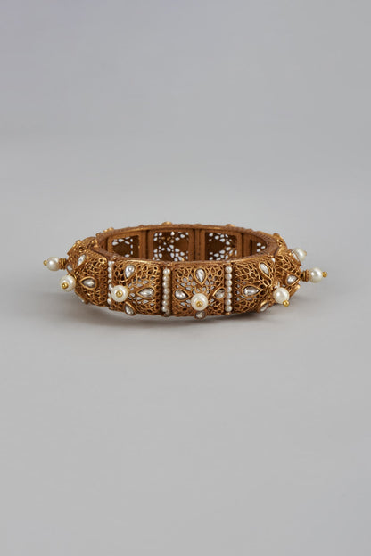 Gold Finish Kundan Polki Temple Bracelet