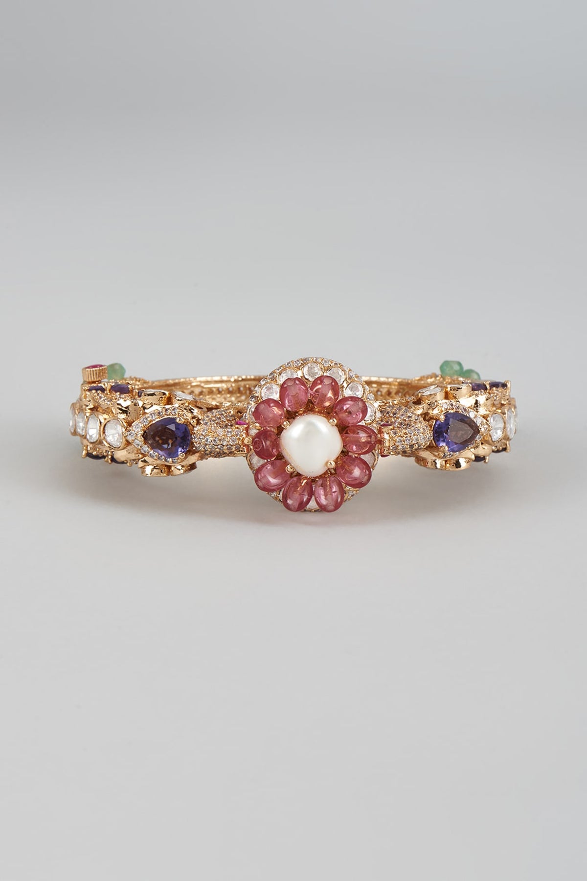 Gold Finish Kundan Polki & Multi-Colored Stone Enameled Bracelet