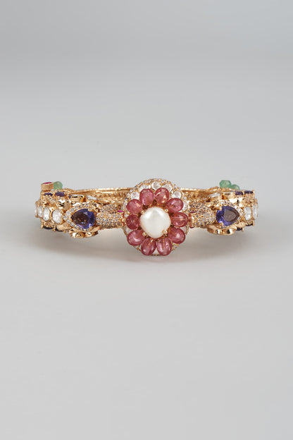 Gold Finish Kundan Polki & Multi-Colored Stone Enameled Bracelet