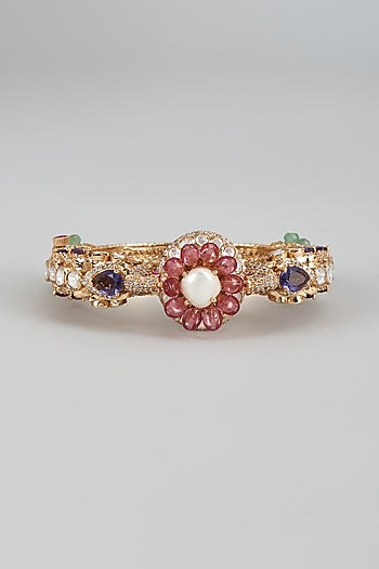 Gold Finish Kundan Polki & Multi-Colored Stone Enameled Bracelet