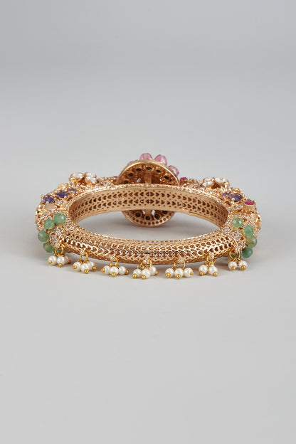 Gold Finish Kundan Polki & Multi-Colored Stone Enameled Bracelet