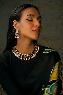 Gold Finish Kundan Polki & Dark Blue Stone Choker Necklace Set