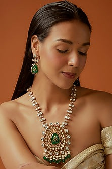 Gold Finish Kundan Polki & Emerald Stone Long Necklace Set
