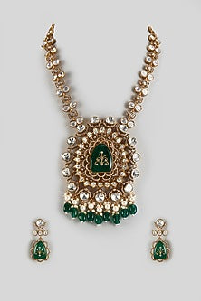 Gold Finish Kundan Polki & Emerald Stone Long Necklace Set