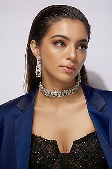 White Finish Aqua Stone & American Diamond Choker Necklace Set